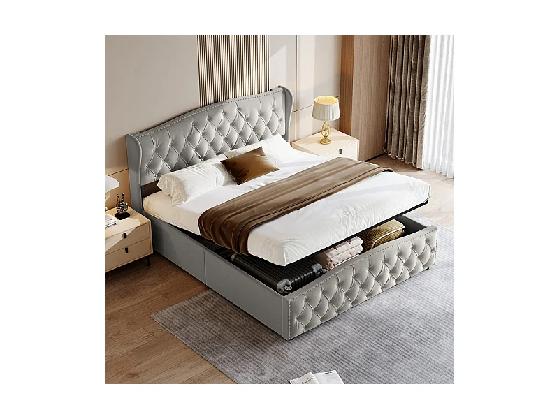 Lit Double 140x200 Hydraulique avec Rangement - Lit Coffre Velours Gris Clouté - Design Vague Moderne - 250kg