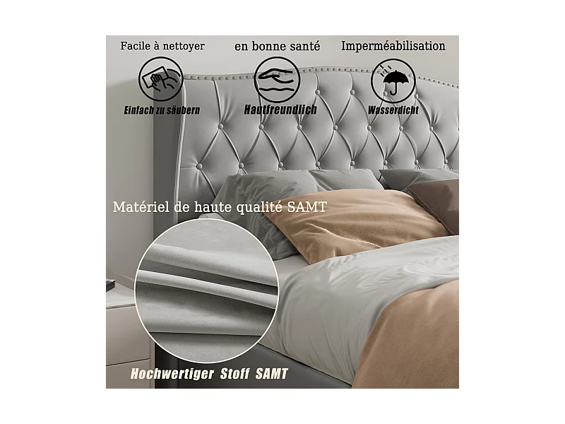 Lit Double 140x200 Hydraulique avec Rangement - Lit Coffre Velours Gris Clouté - Design Vague Moderne - 250kg