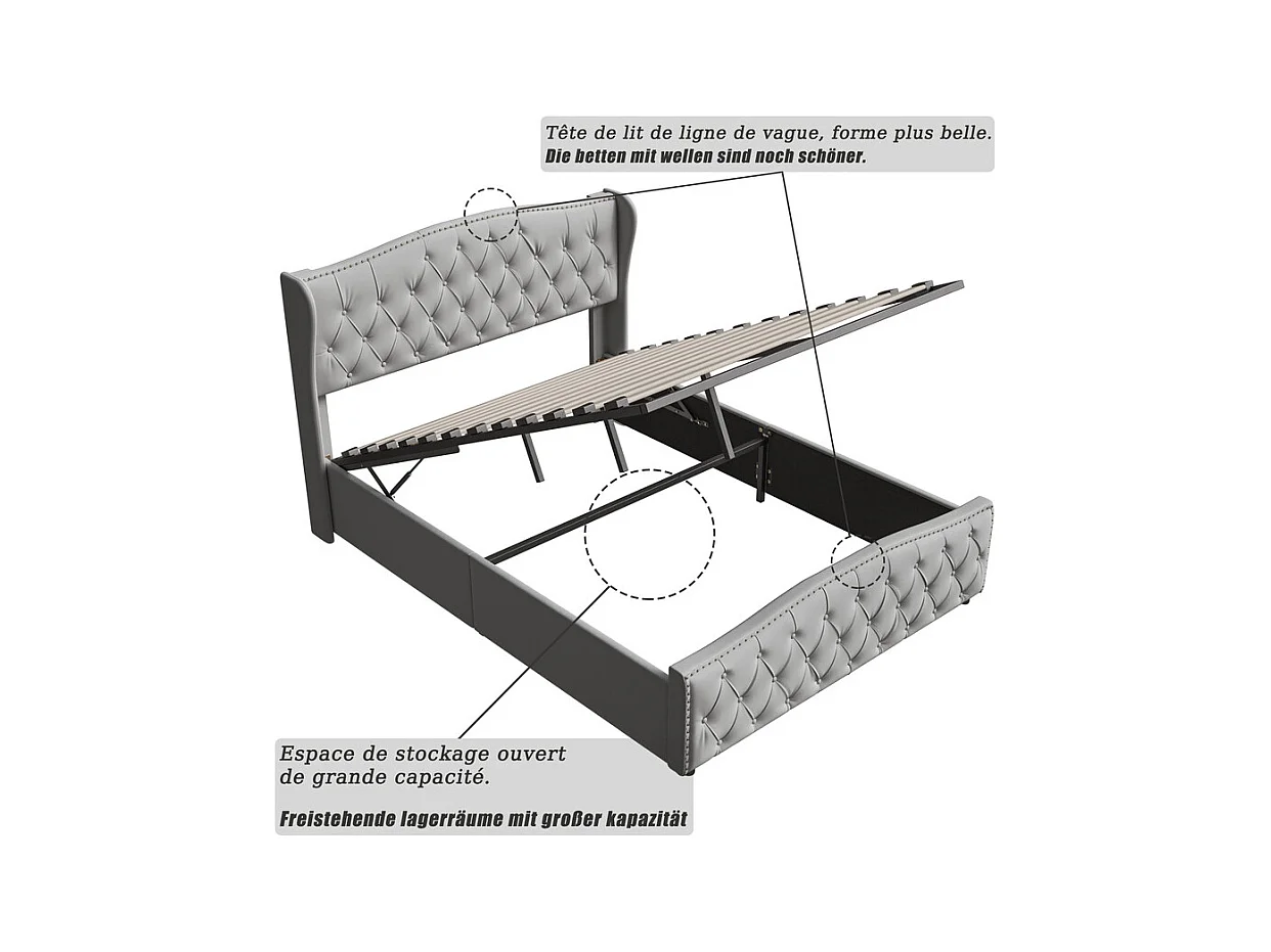 Lit Double 140x200 Hydraulique avec Rangement - Lit Coffre Velours Gris Clouté - Design Vague Moderne - 250kg