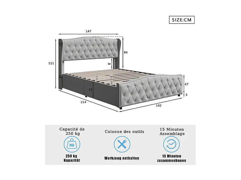 Lit Double 140x200 Hydraulique avec Rangement - Lit Coffre Velours Gris Clouté - Design Vague Moderne - 250kg