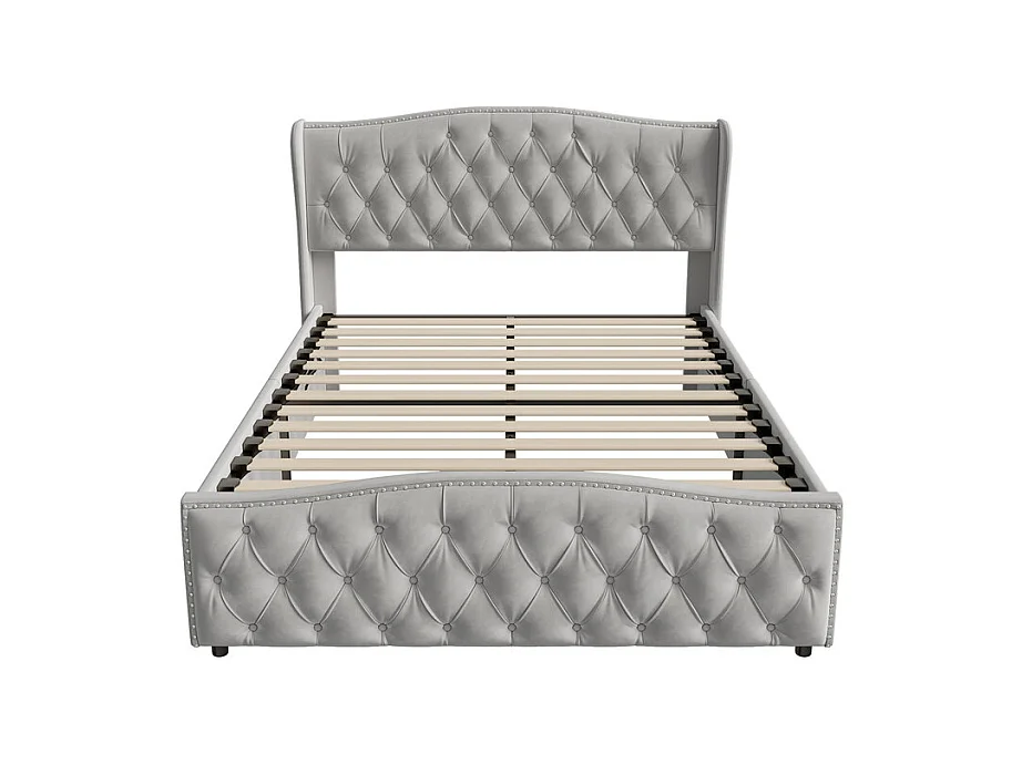 Lit Double 140x200 Hydraulique avec Rangement - Lit Coffre Velours Gris Clouté - Design Vague Moderne - 250kg