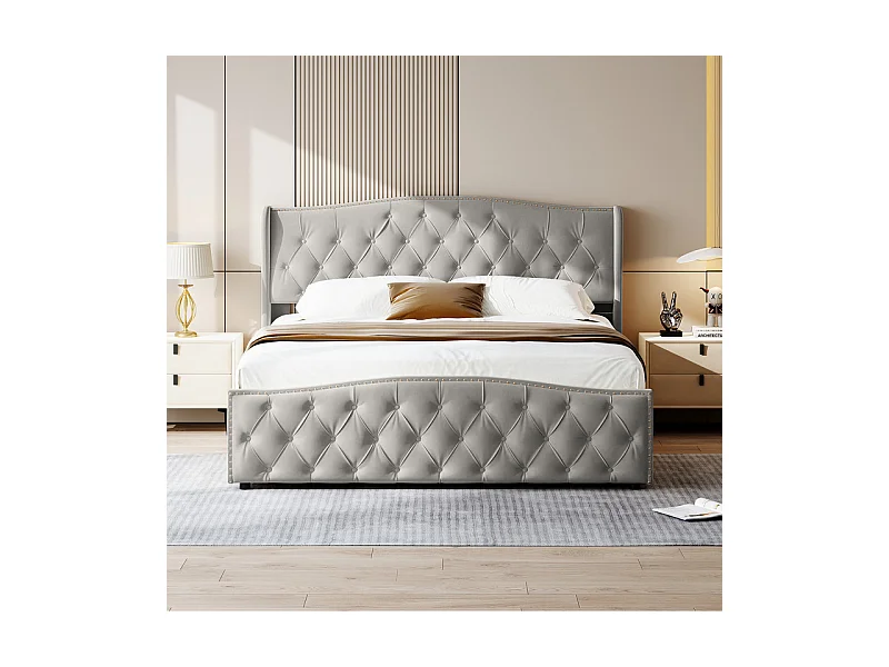 Lit Double 140x200 Hydraulique avec Rangement - Lit Coffre Velours Gris Clouté - Design Vague Moderne - 250kg