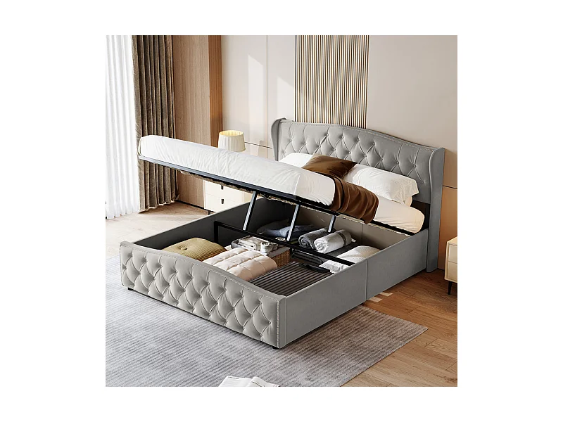 Lit Double 140x200 Hydraulique avec Rangement - Lit Coffre Velours Gris Clouté - Design Vague Moderne - 250kg