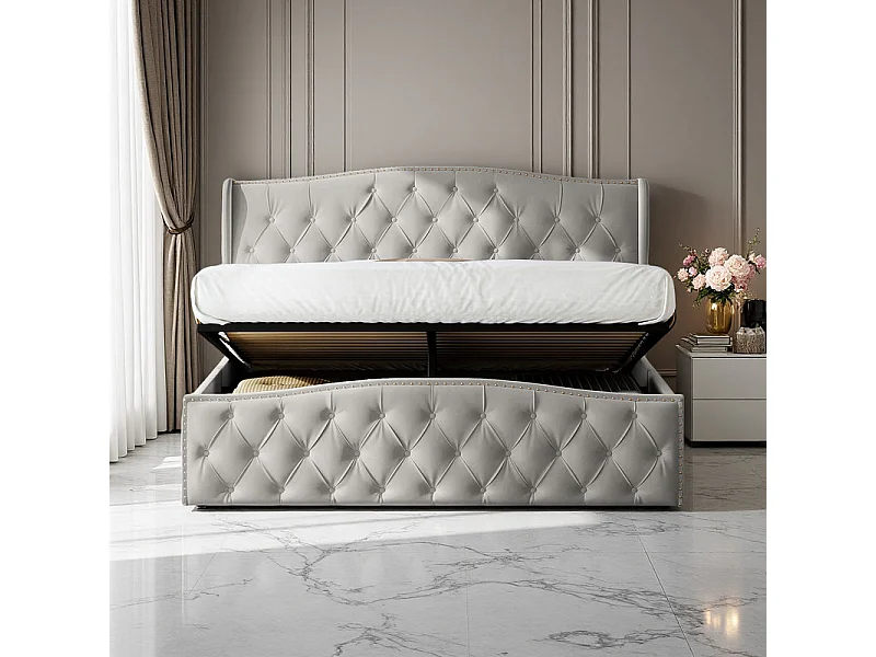 Lit Double 140x200 Hydraulique avec Rangement - Lit Coffre Velours Gris Clouté - Design Vague Moderne - 250kg