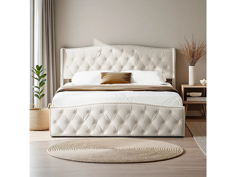 Lit Hydraulique 140x200 avec Rangement - Lit Double Coffre en Tissu SAMT Crème - Tête de Lit Design Vague et Cloutée - Structure Renforcée 250 kg