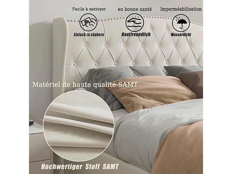 Lit Hydraulique 140x200 avec Rangement - Lit Double Coffre en Tissu SAMT Crème - Tête de Lit Design Vague et Cloutée - Structure Renforcée 250 kg