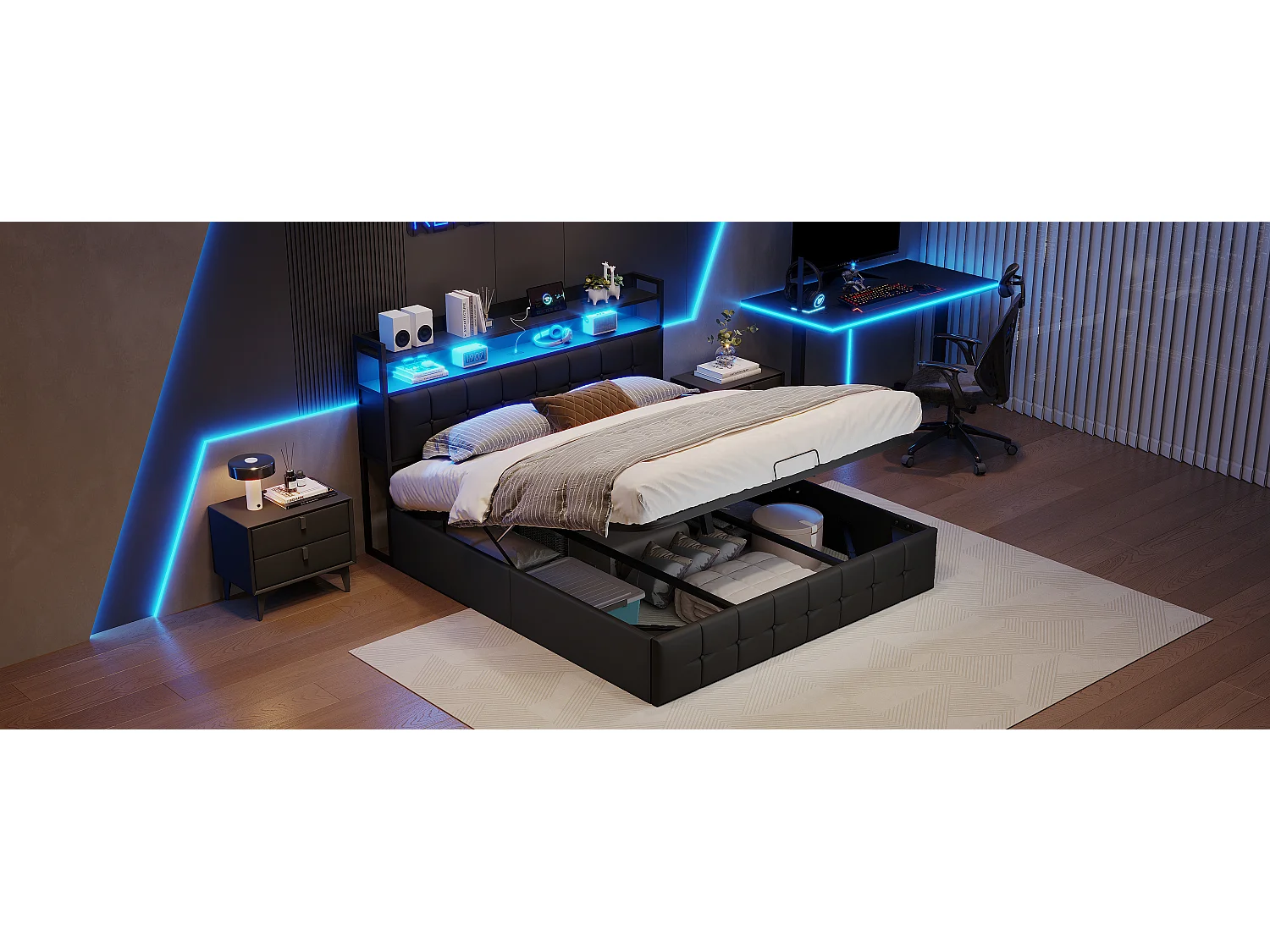 Lit Coffre Adulte 140×190cm En Simili Cuir - Avec Éclairage RGB + Ports USB/Type-C + Coffre Hydraulique - Sommier À Lattes - Noir