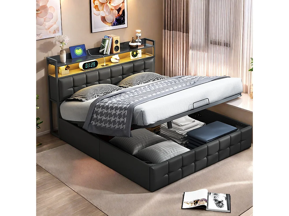 Lit rembourré 140x190 cm - Lit de rangement ascenseur avec tête LED et USB, lit double avec lame en bois hydraulique - Faux cuir tufted - noir