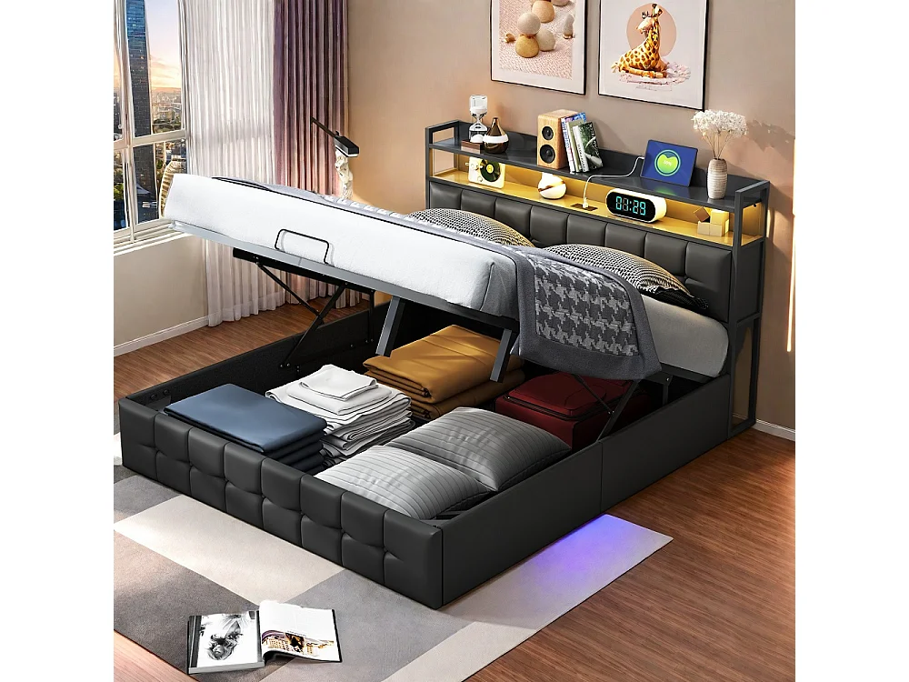 Lit rembourré 140x190 cm - Lit de rangement ascenseur avec tête LED et USB, lit double avec lame en bois hydraulique - Faux cuir tufted - noir