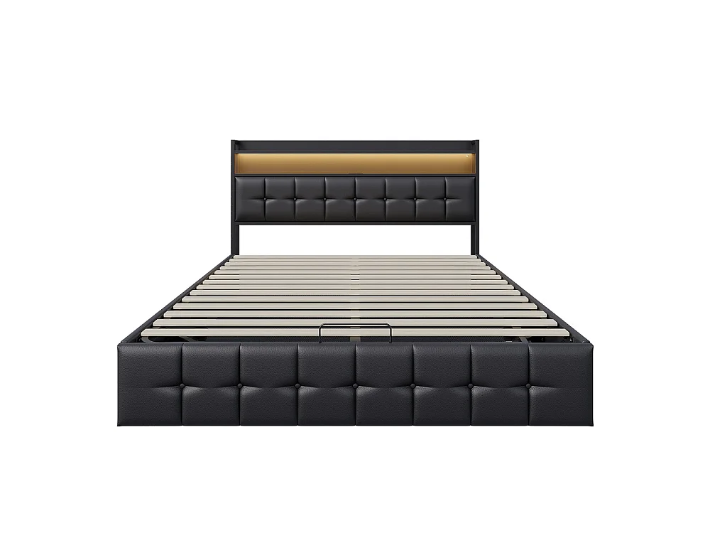 Lit rembourré 140x190 cm - Lit de rangement ascenseur avec tête LED et USB, lit double avec lame en bois hydraulique - Faux cuir tufted - noir