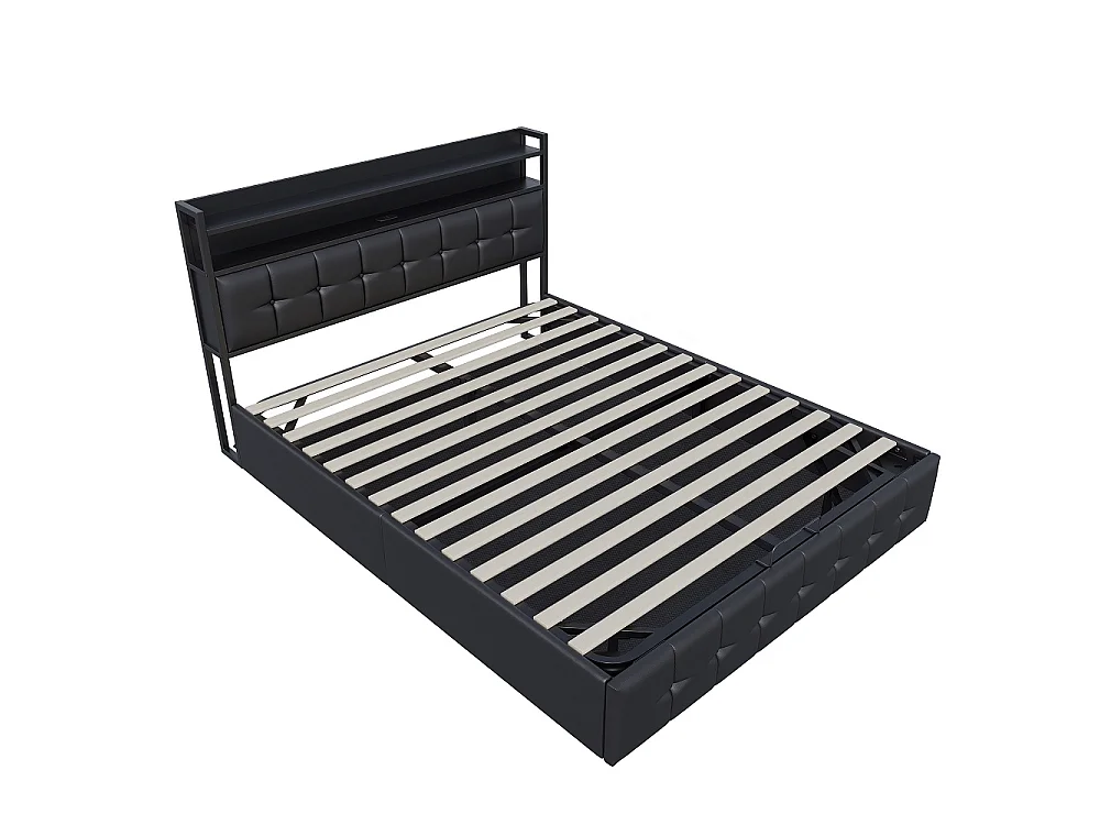 Lit rembourré 140x190 cm - Lit de rangement ascenseur avec tête LED et USB, lit double avec lame en bois hydraulique - Faux cuir tufted - noir