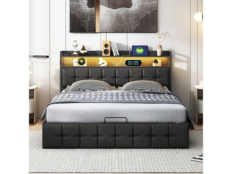 Moderno Letto Matrimoniale in Ecopelle Nera 160x200cm con Contenitore Idraulico, LED RGB, Porte USB/Type-C, Telecomando