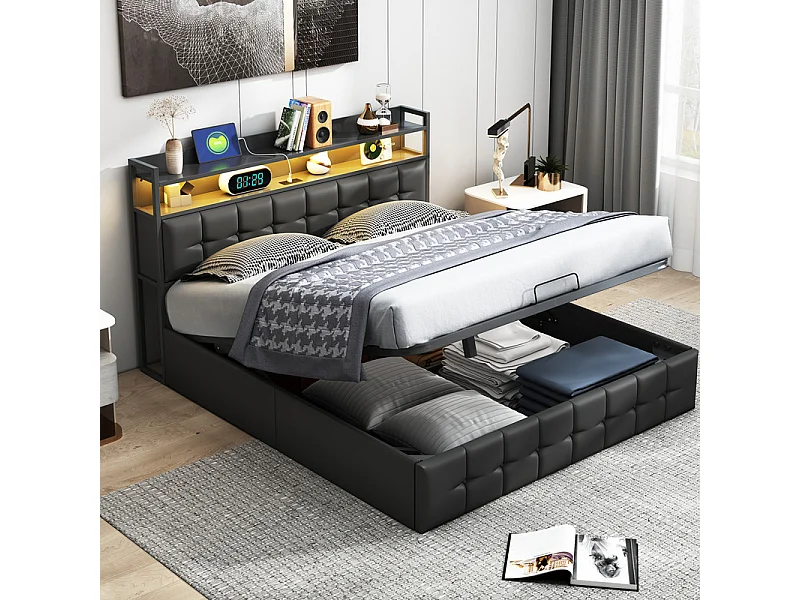 Moderno Letto Matrimoniale in Ecopelle Nera 160x200cm con Contenitore Idraulico, LED RGB, Porte USB/Type-C, Telecomando