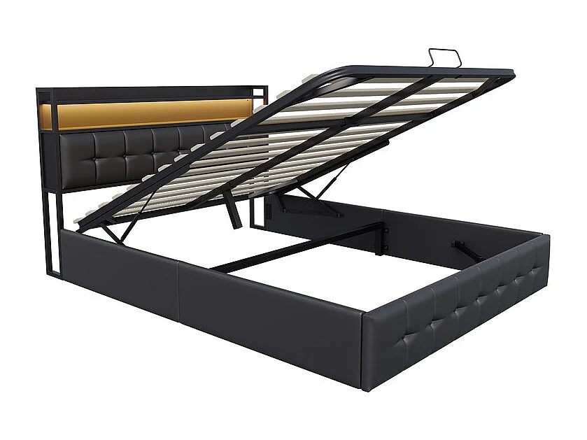 Moderno Letto Matrimoniale in Ecopelle Nera 160x200cm con Contenitore Idraulico, LED RGB, Porte USB/Type-C, Telecomando