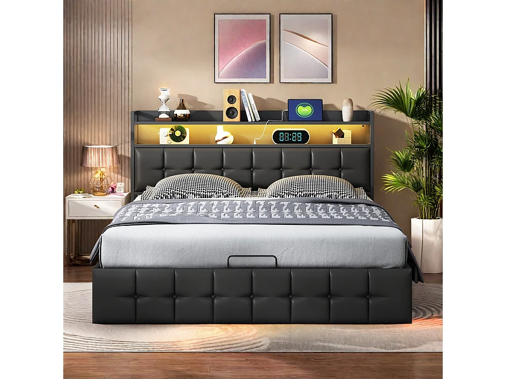 Lit Double 160x200cm Coffre Hydraulique LED RGB Télécommande et App Mobile Prise USB/Type-C Euromatique Cuir PU Noir Moderne Grand Format
