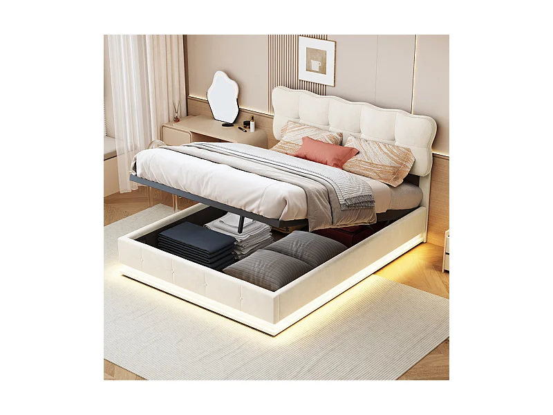 Lit Double 160x200 cm Lit Coffre Hydraulique avec Rangement, LED RGB Télécommande, Tête de Lit Velours Blanc Moderne