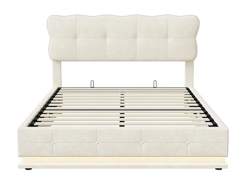 Lit Double 160x200 cm Lit Coffre Hydraulique avec Rangement, LED RGB Télécommande, Tête de Lit Velours Blanc Moderne