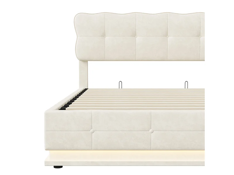 Lit Double 160x200 cm Lit Coffre Hydraulique avec Rangement, LED RGB Télécommande, Tête de Lit Velours Blanc Moderne