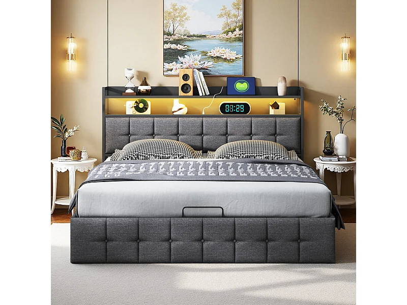 Lit Double 140x200cm Gris Tissu Lin Coffre Hydraulique LED RGB Contrôlable par App et Télécommande avec Prise USB/Type-C Écologique et Moderne