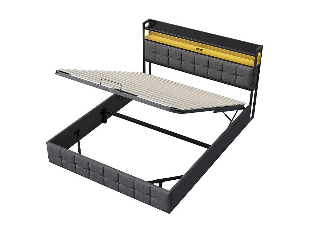 Lit Double 140x200cm Gris Tissu Lin Coffre Hydraulique LED RGB Contrôlable par App et Télécommande avec Prise USB/Type-C Écologique et Moderne
