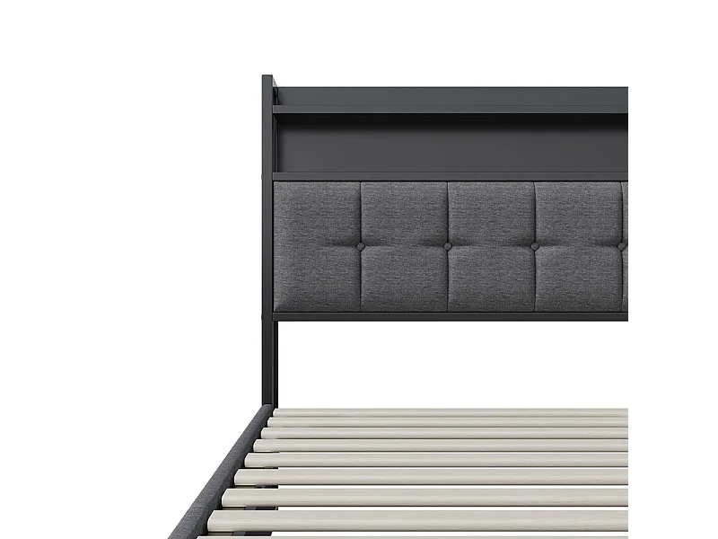 Lit Double 140x200cm Gris Tissu Lin Coffre Hydraulique LED RGB Contrôlable par App et Télécommande avec Prise USB/Type-C Écologique et Moderne