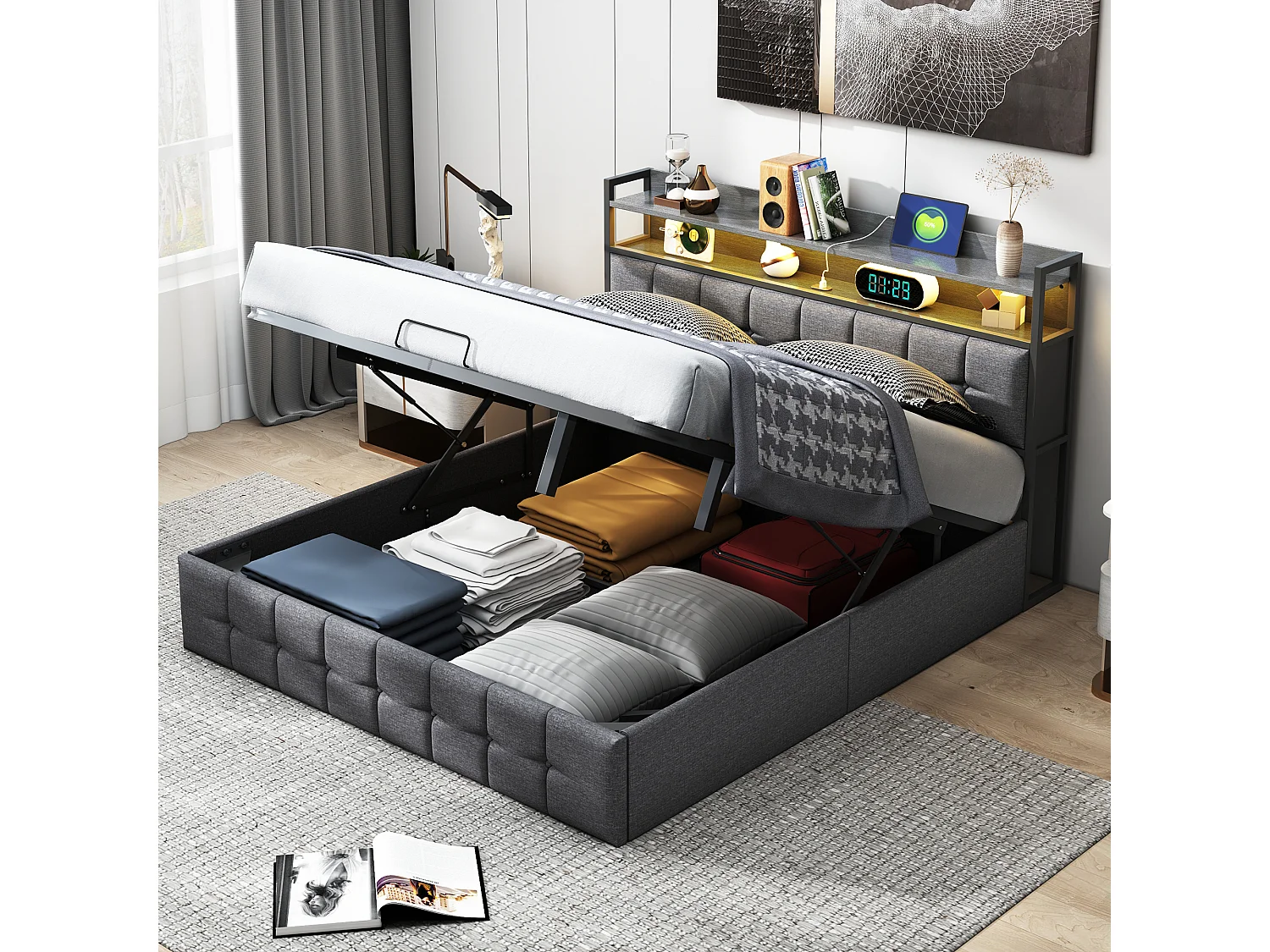 Łóżko z pojemnikiem 140x200 cm szare z podświetlanym zagłówkiem LED RGB, portami USB/Type-C, hydraulicznym schowkiem i wbudowaną półką