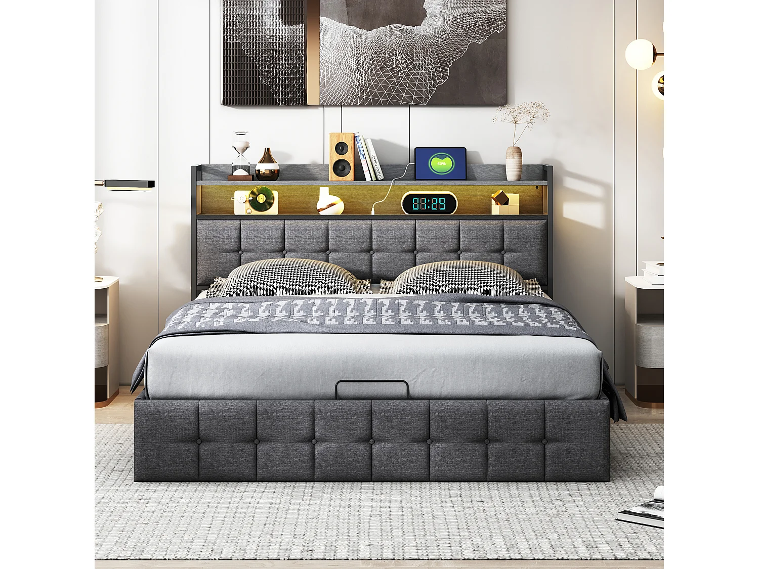 Łóżko z pojemnikiem 140x200 cm szare z podświetlanym zagłówkiem LED RGB, portami USB/Type-C, hydraulicznym schowkiem i wbudowaną półką