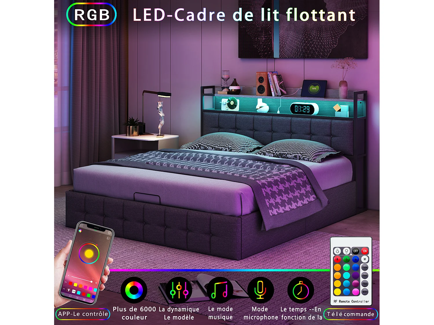 Łóżko z pojemnikiem 140x200 cm szare z podświetlanym zagłówkiem LED RGB, portami USB/Type-C, hydraulicznym schowkiem i wbudowaną półką