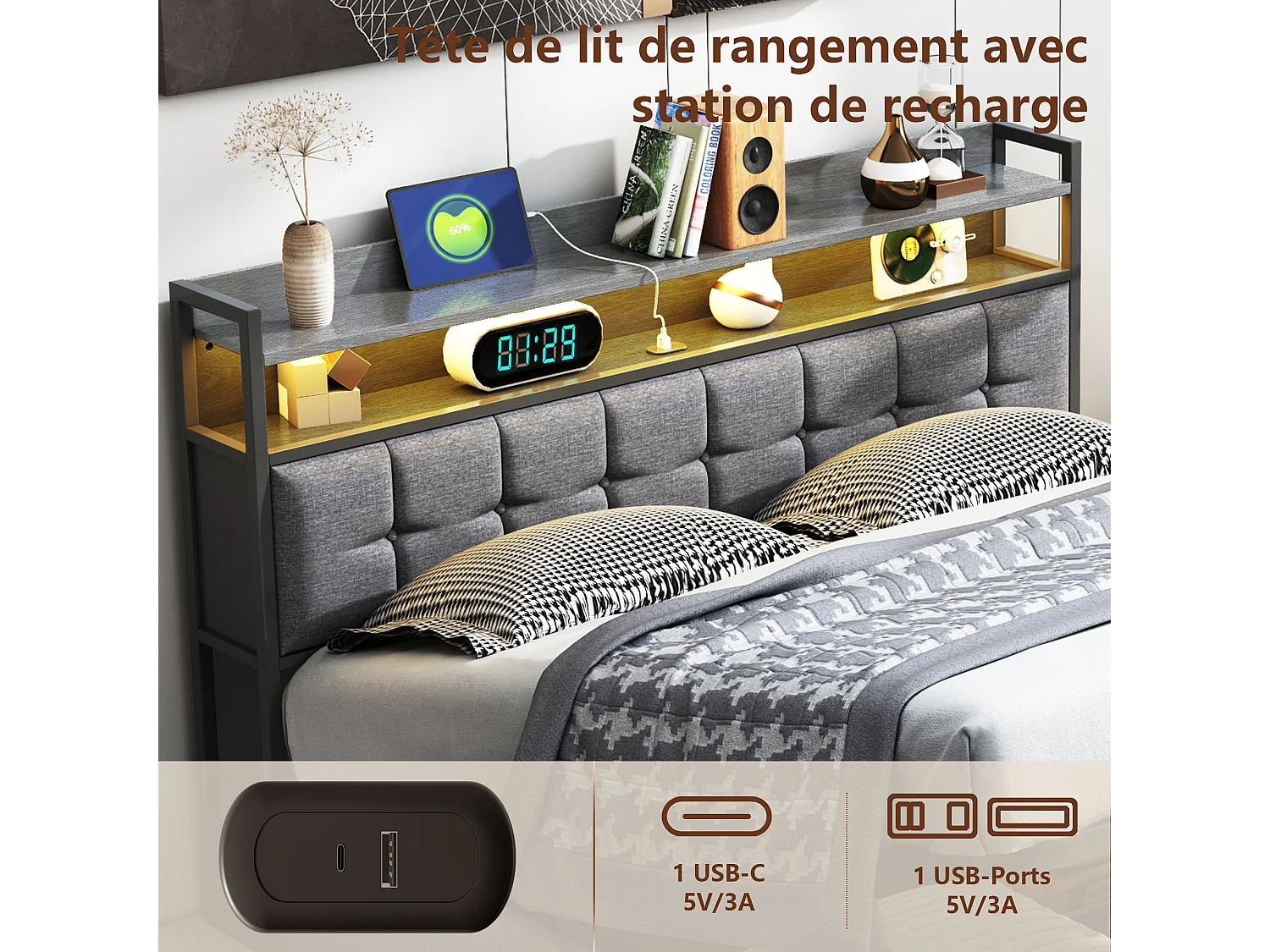 Łóżko z pojemnikiem 140x200 cm szare z podświetlanym zagłówkiem LED RGB, portami USB/Type-C, hydraulicznym schowkiem i wbudowaną półką