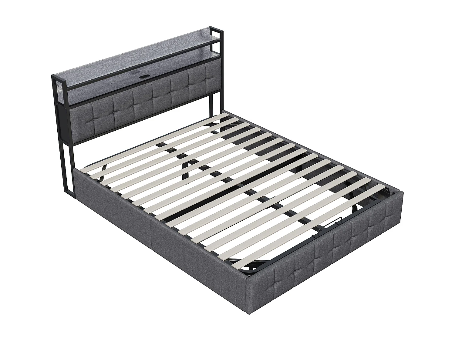 Łóżko z pojemnikiem 140x200 cm szare z podświetlanym zagłówkiem LED RGB, portami USB/Type-C, hydraulicznym schowkiem i wbudowaną półką