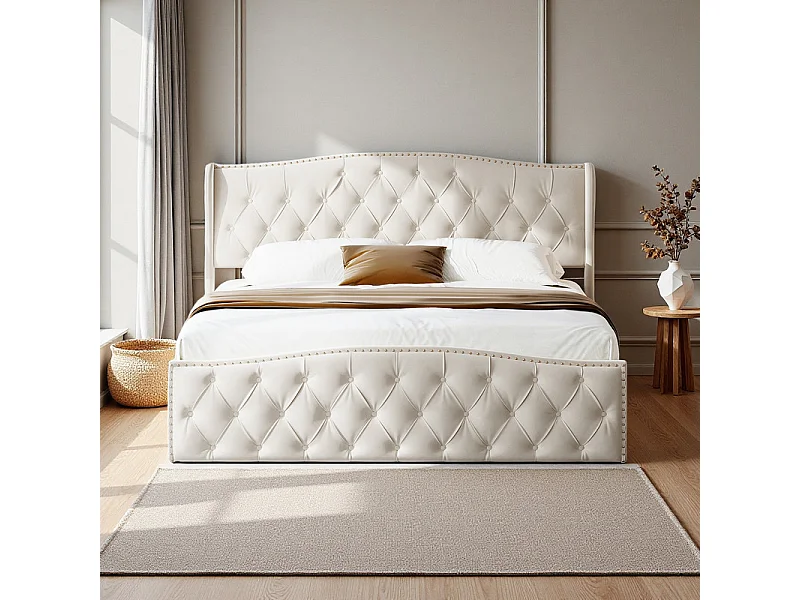 Lit Hydraulique 160x200 avec Rangement - Lit Double Coffre en Tissu SAMT Crème - Tête de Lit Design Vague et Cloutée - Structure 250 kg