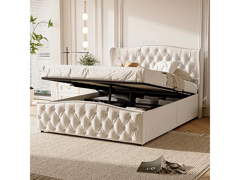 Lit Hydraulique 160x200 avec Rangement - Lit Double Coffre en Tissu SAMT Crème - Tête de Lit Design Vague et Cloutée - Structure 250 kg