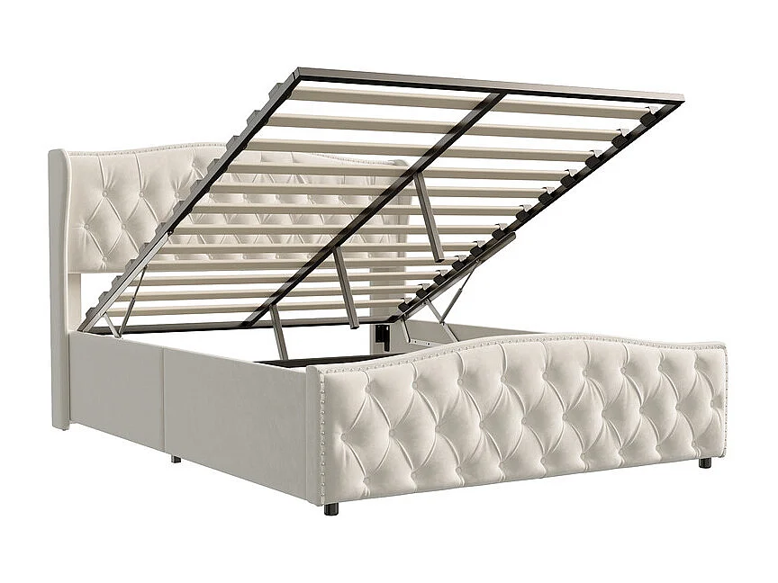 Lit Hydraulique 160x200 avec Rangement - Lit Double Coffre en Tissu SAMT Crème - Tête de Lit Design Vague et Cloutée - Structure 250 kg