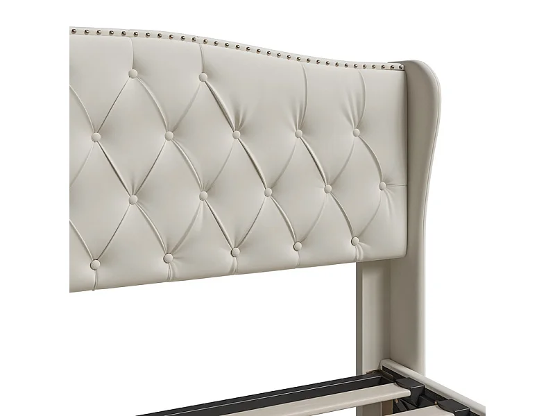 Lit Hydraulique 160x200 avec Rangement - Lit Double Coffre en Tissu SAMT Crème - Tête de Lit Design Vague et Cloutée - Structure 250 kg