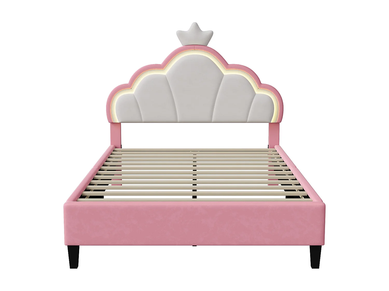 Lit 140 Enfant Princesse et Nuage avec LED RGB - Grand Lit Fille 140x200cm - Tête de Lit Couronne, Contrôle APP - Velours Anti-Tache et Bois Massif - Rose/Blanc