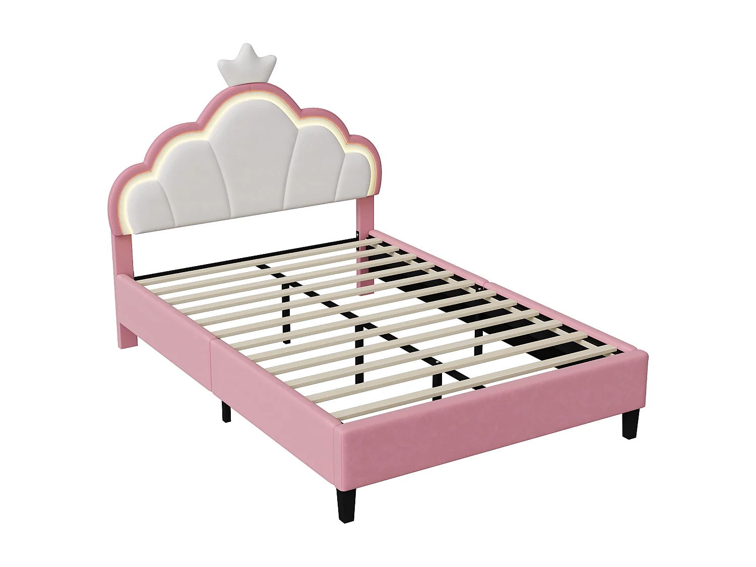 Lit 140 Enfant Princesse et Nuage avec LED RGB - Grand Lit Fille 140x200cm - Tête de Lit Couronne, Contrôle APP - Velours Anti-Tache et Bois Massif - Rose/Blanc