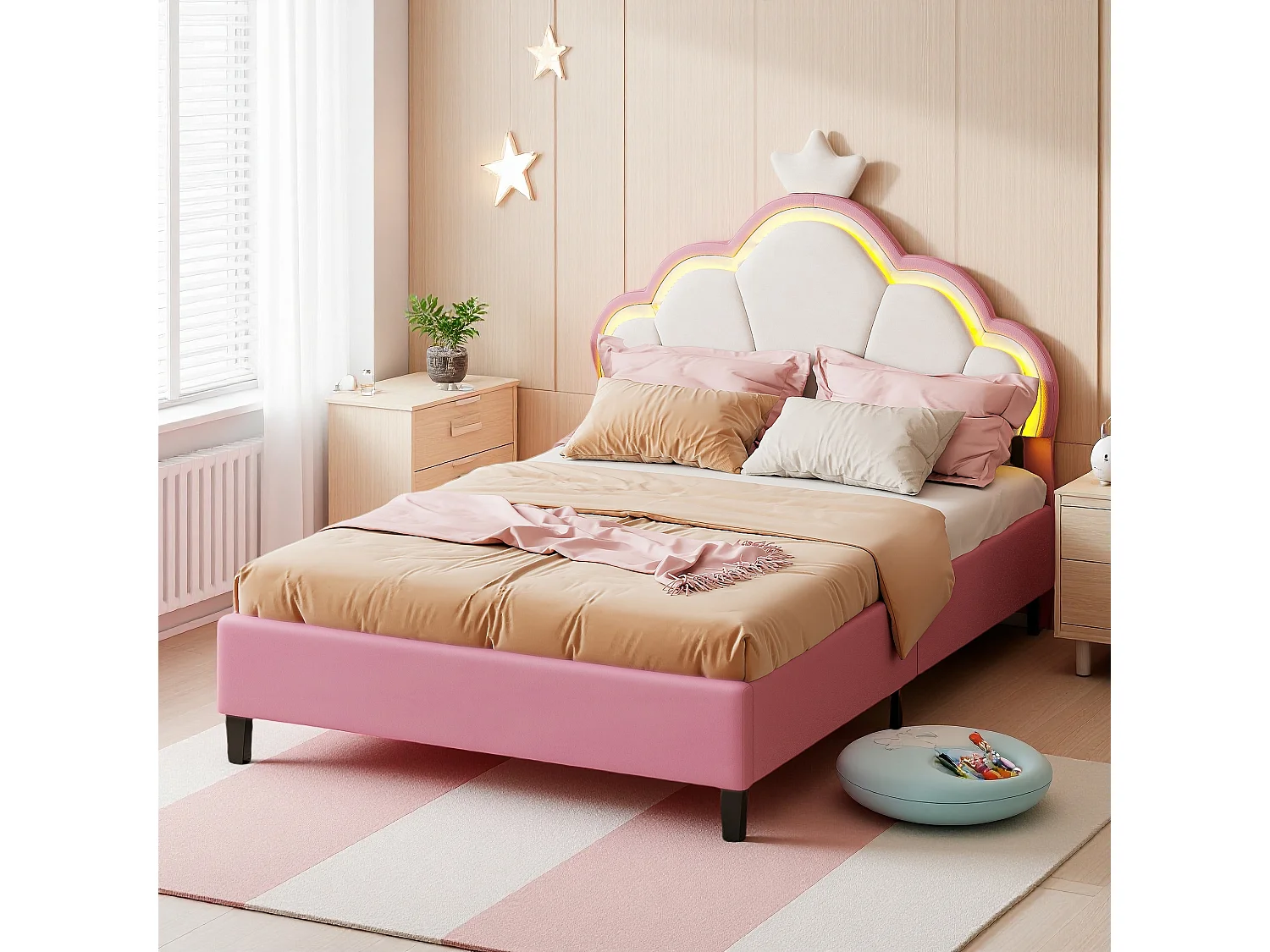 Prinsesse Cloud LED RGB 140x200cm Børneseng - Kronhovedgærde, APP-styring - Pletafvisende Fløjl & Massivt Træ - Pink/Hvid