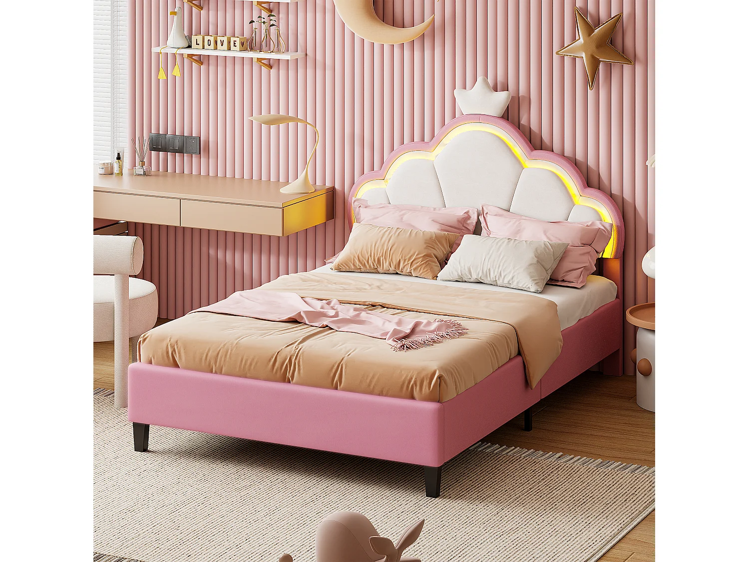 Prinsesse Cloud LED RGB 140x200cm Børneseng - Kronhovedgærde, APP-styring - Pletafvisende Fløjl & Massivt Træ - Pink/Hvid