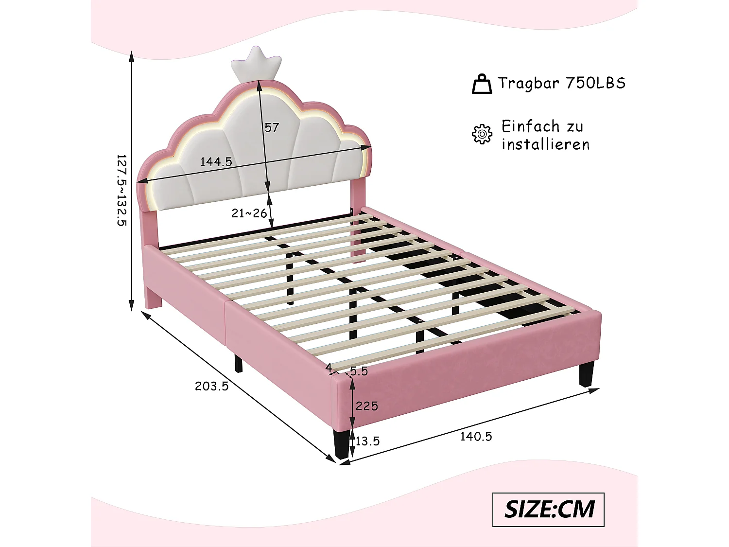 Prinsesse Cloud LED RGB 140x200cm Børneseng - Kronhovedgærde, APP-styring - Pletafvisende Fløjl & Massivt Træ - Pink/Hvid