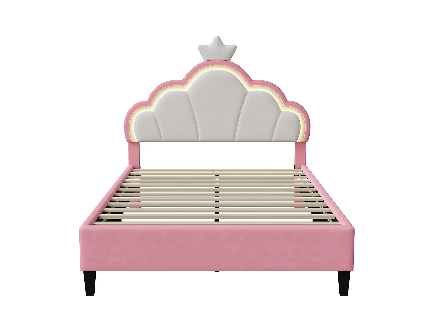 Prinsesse Cloud LED RGB 140x200cm Børneseng - Kronhovedgærde, APP-styring - Pletafvisende Fløjl & Massivt Træ - Pink/Hvid