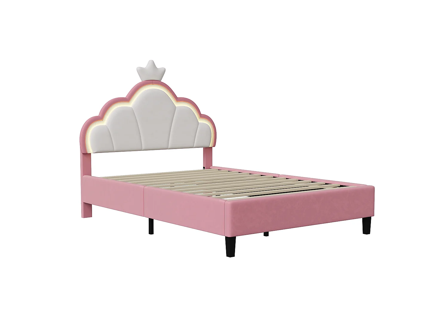 Prinsesse Cloud LED RGB 140x200cm Børneseng - Kronhovedgærde, APP-styring - Pletafvisende Fløjl & Massivt Træ - Pink/Hvid