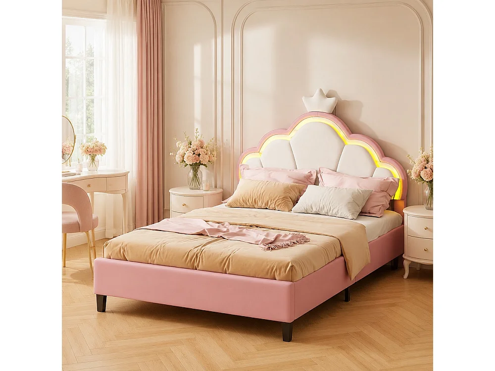 Prinsess Cloud LED RGB 140x200cm Barnsäng - Kronhuvudgavel, APP-styrning - Fläckavvisande Sammet & Massivt Trä - Rosa/Vit