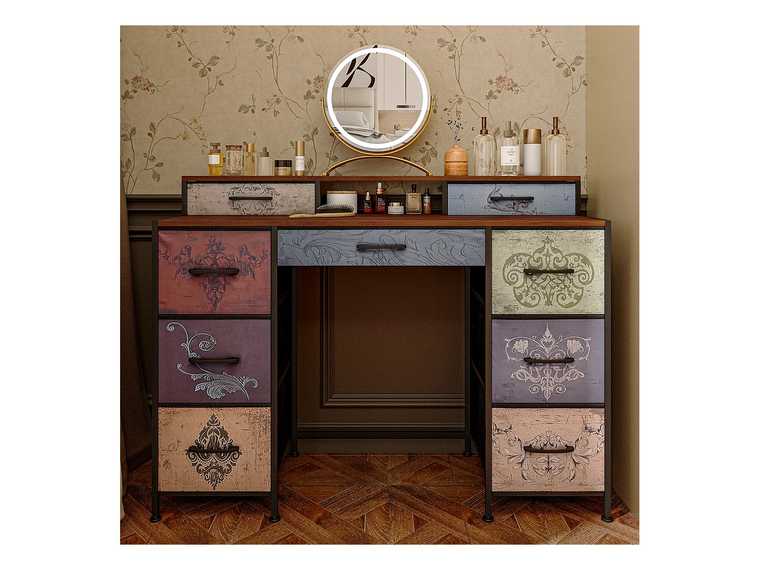 Coiffeuse avec 9 tiroirs, grand espace de rangement, plateau en bois, design double côté, pieds réglables et système anti-basculement