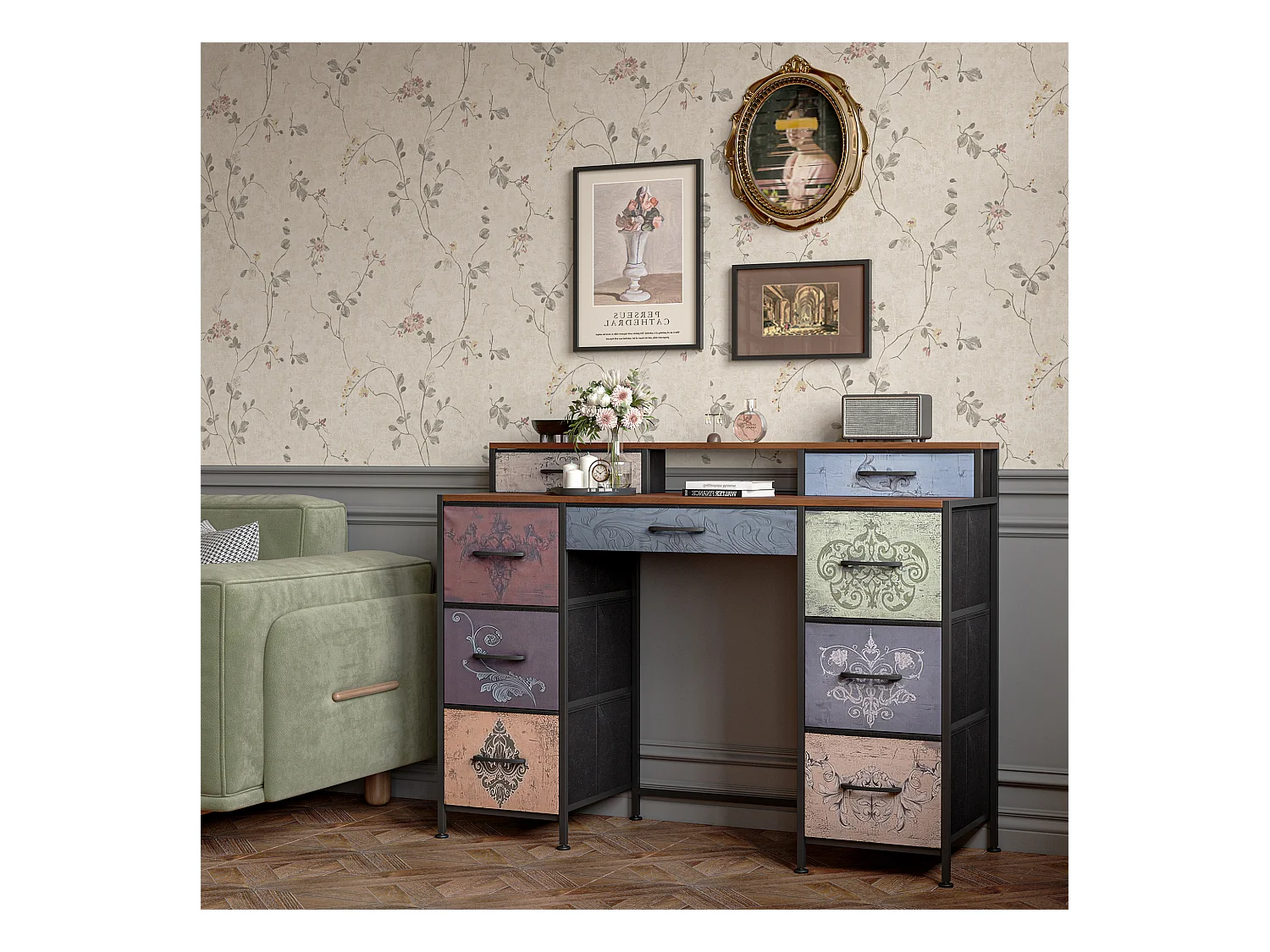 Coiffeuse avec 9 tiroirs, grand espace de rangement, plateau en bois, design double côté, pieds réglables et système anti-basculement