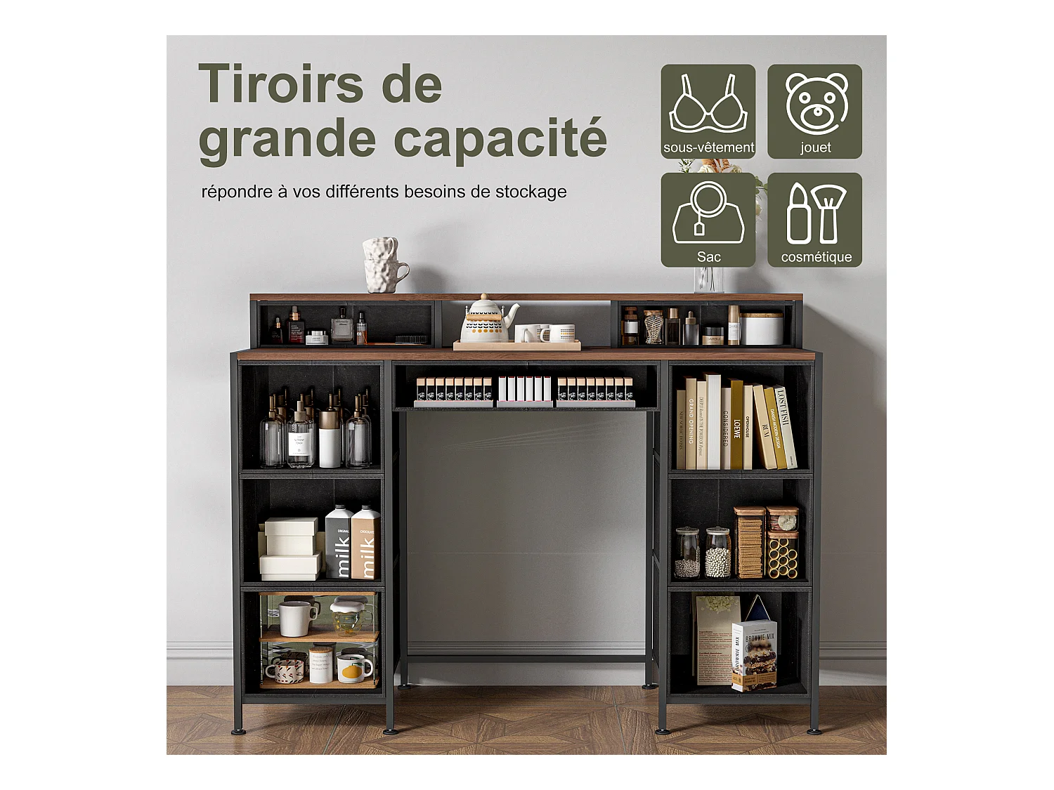 Coiffeuse avec 9 tiroirs, grand espace de rangement, plateau en bois, design double côté, pieds réglables et système anti-basculement