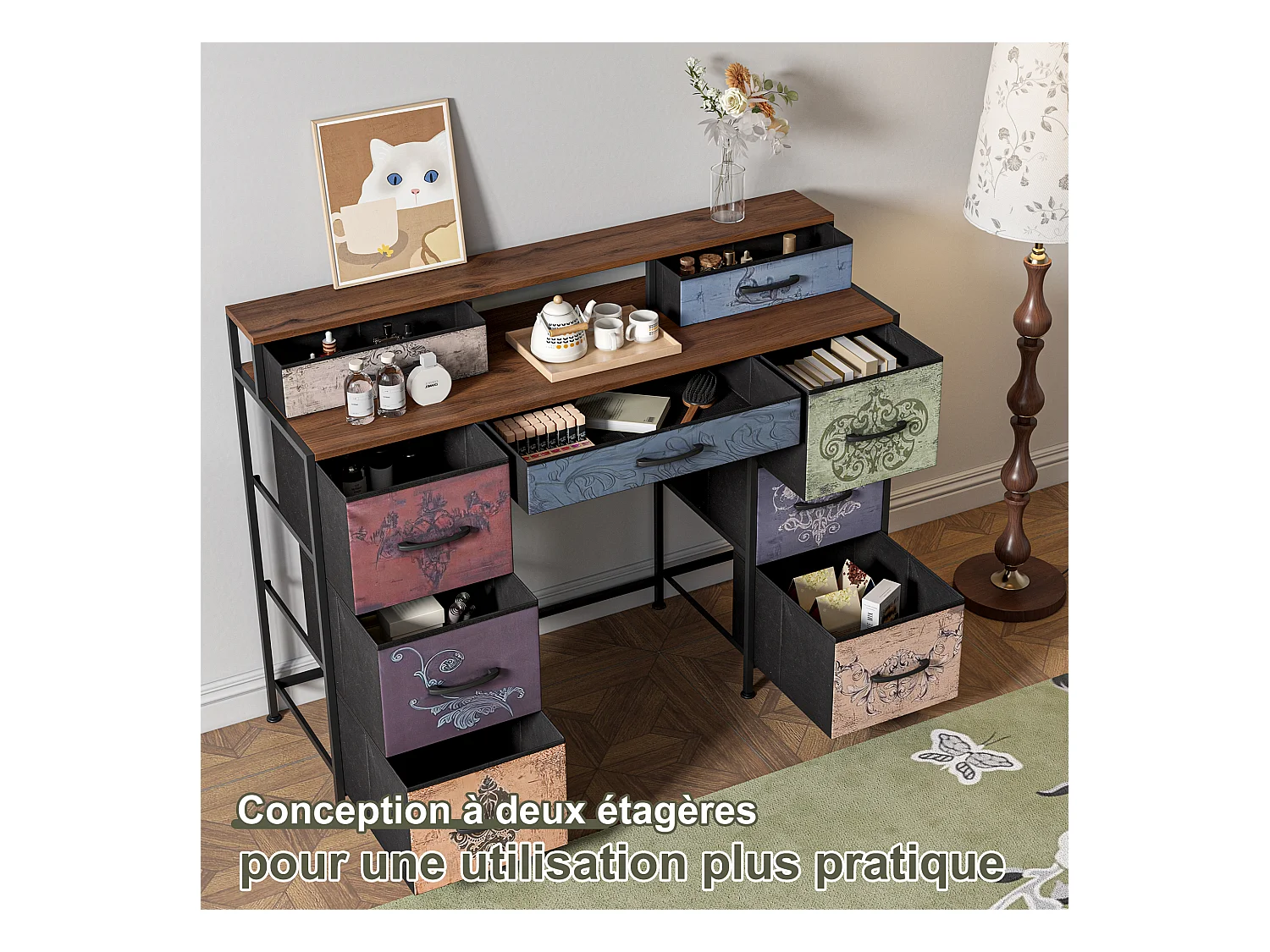 Coiffeuse avec 9 tiroirs, grand espace de rangement, plateau en bois, design double côté, pieds réglables et système anti-basculement