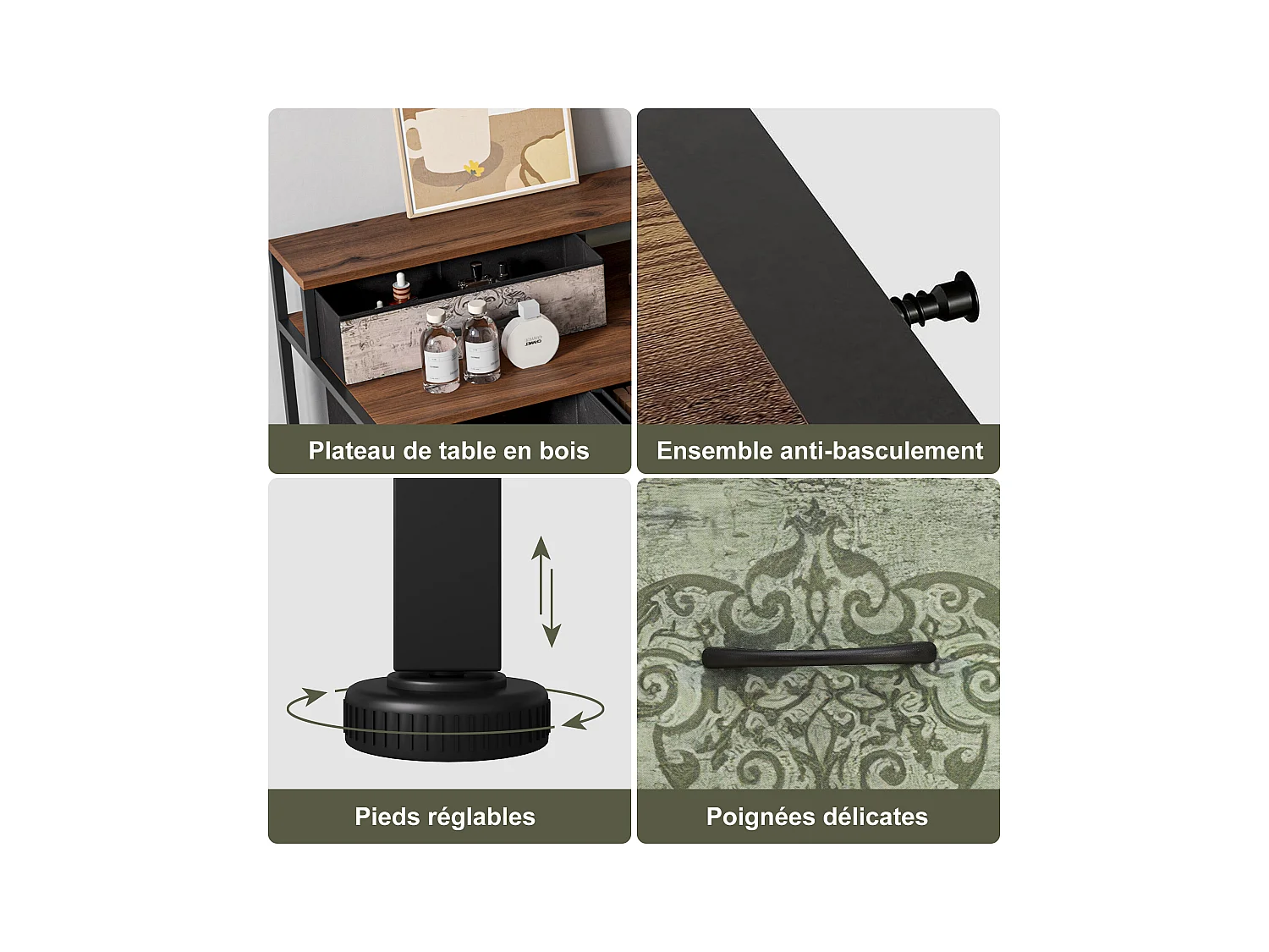 Coiffeuse avec 9 tiroirs, grand espace de rangement, plateau en bois, design double côté, pieds réglables et système anti-basculement