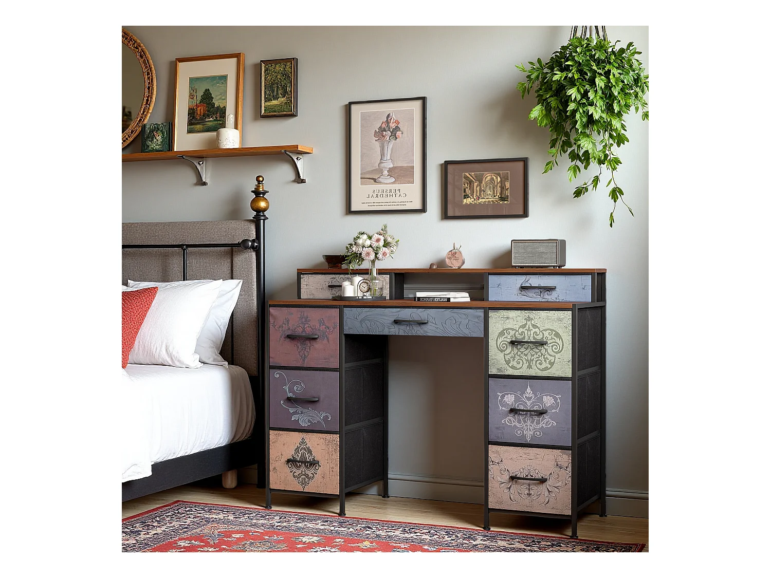 Coiffeuse avec 9 tiroirs, grand espace de rangement, plateau en bois, design double côté, pieds réglables et système anti-basculement