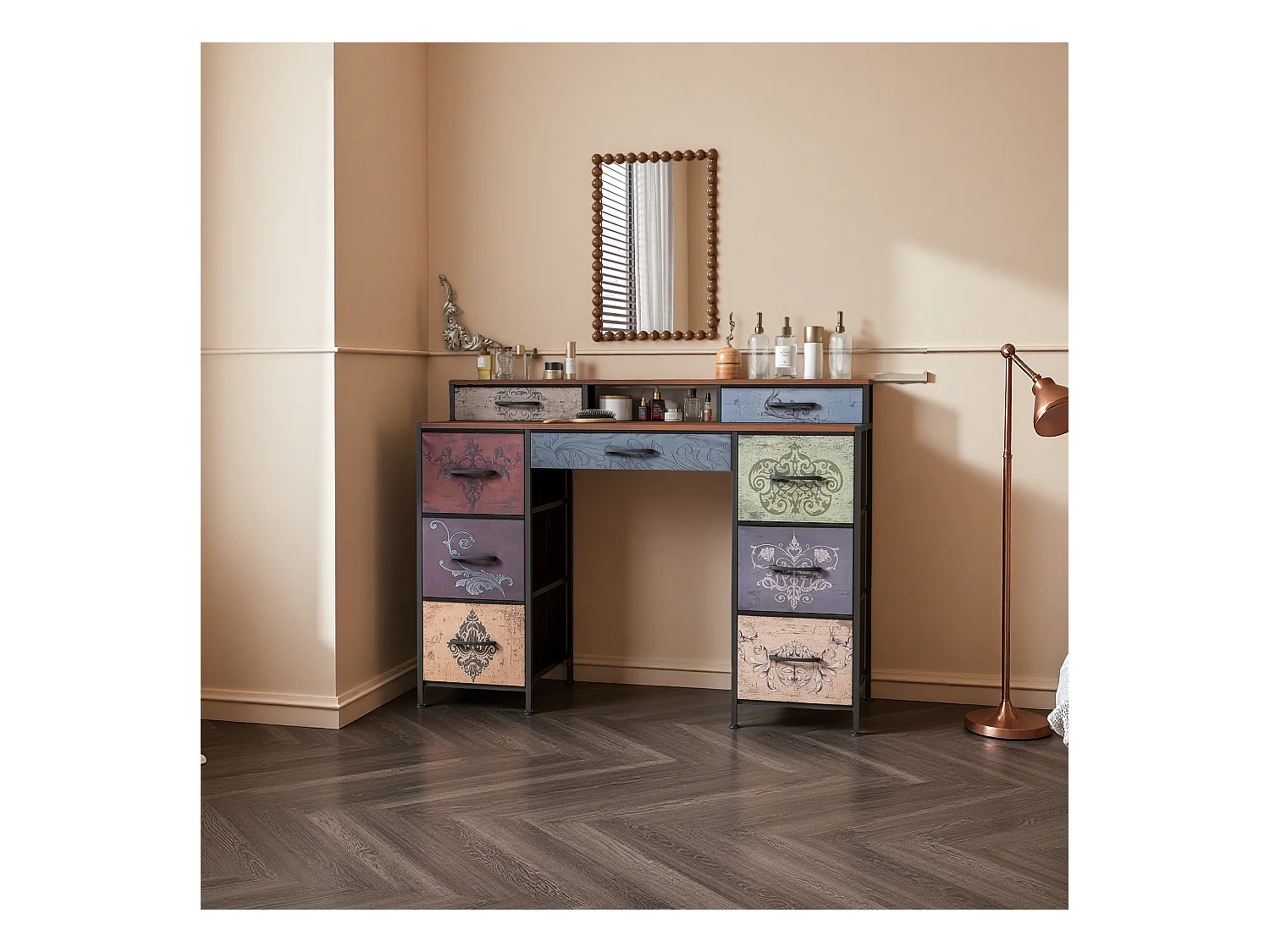 Coiffeuse avec 9 tiroirs, grand espace de rangement, plateau en bois, design double côté, pieds réglables et système anti-basculement