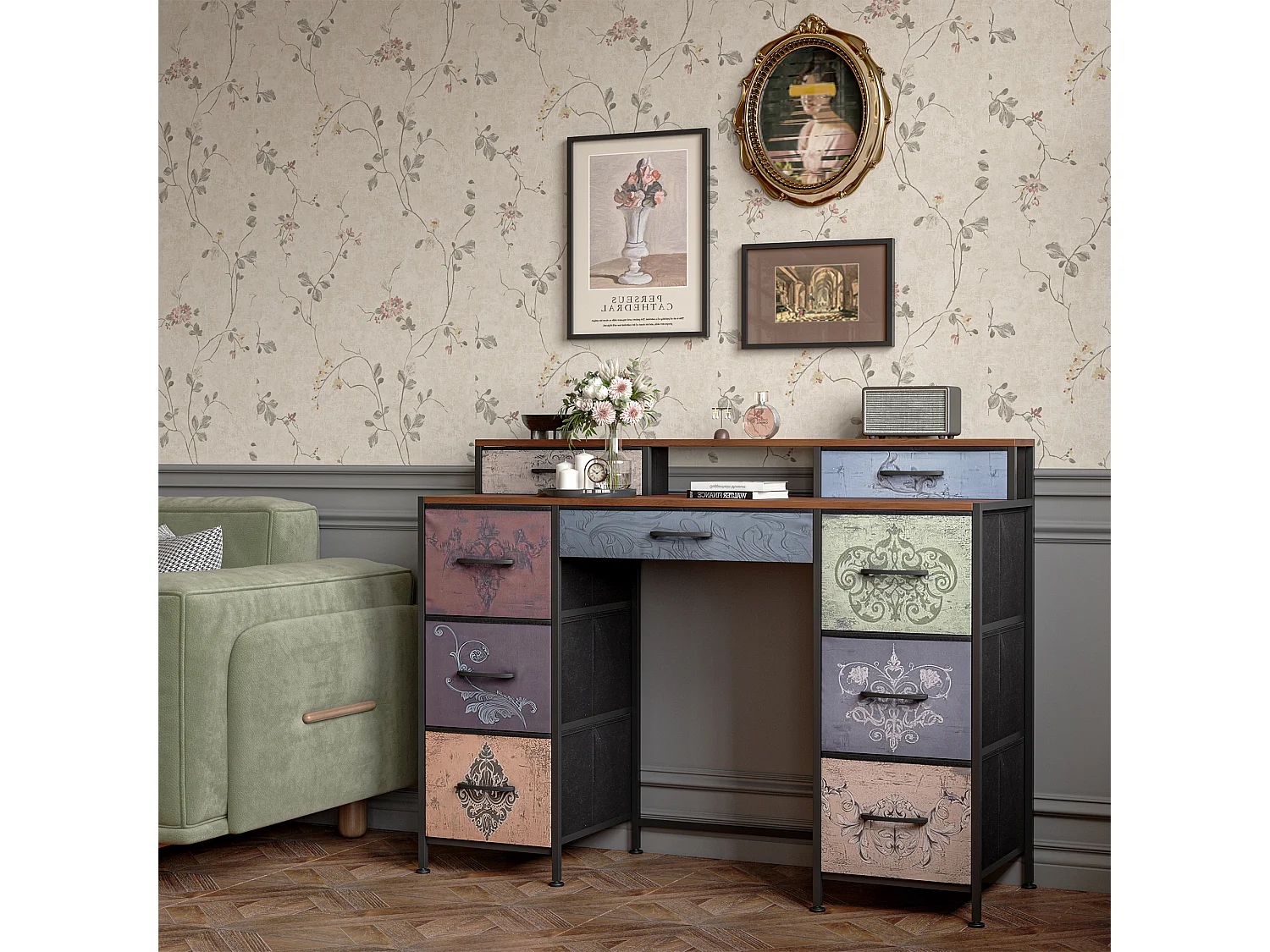 Coiffeuse avec 9 tiroirs, grand espace de rangement, plateau en bois, design double côté, pieds réglables et système anti-basculement